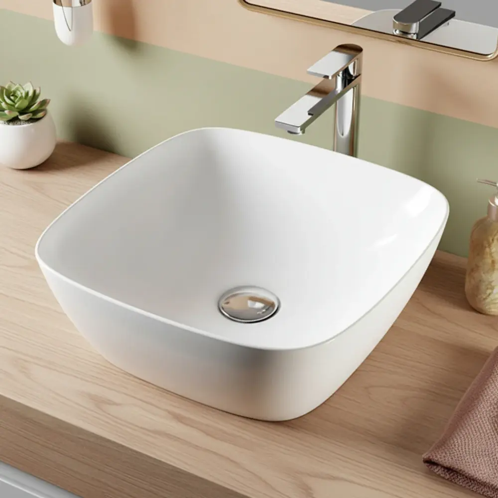 Lavabo da appoggio quadrato con angoli smussati ceramica bianco lucido serie CTL cm 40x40