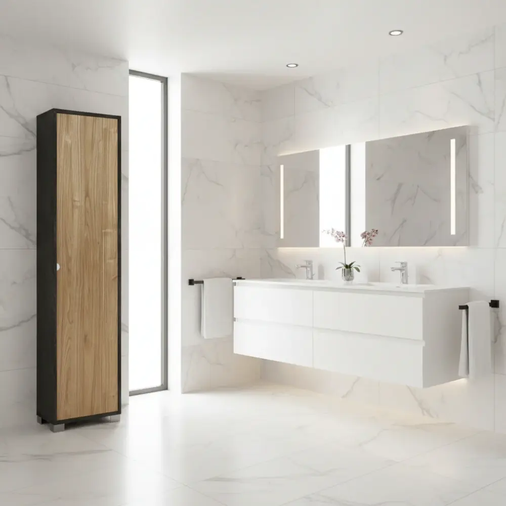 Espejo con Luz Mueble de baño móvil 1 puerta acabado estructura óxido negro / acabado frontal nogal Stelvio por Sarmog