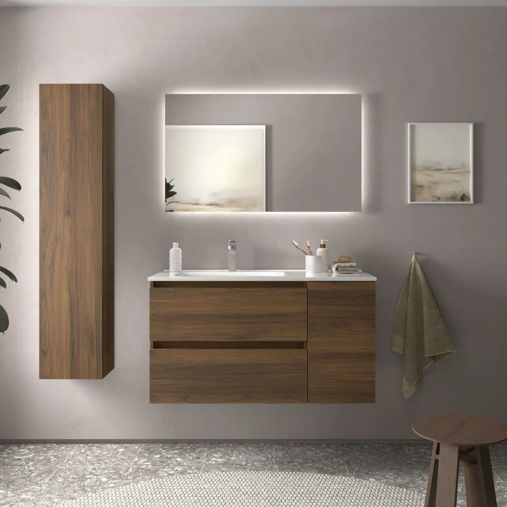 Mueble baño bequia 100cm + coqueta derecha + lavabo cerámica| nogal para Baño Moderno