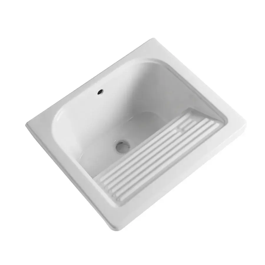 Lavabo BathCore en cerámica blanca con orificio de rebosadero. Con escurridor integrado para instalación empotrada