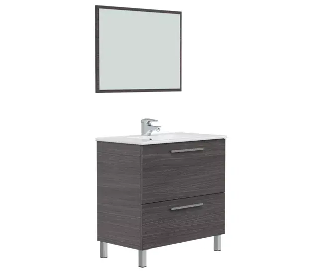 Mueble baño Luis 1 cajón 1 puerta, espejo y lavabo, Gris ceniza Acabado en Cromo
