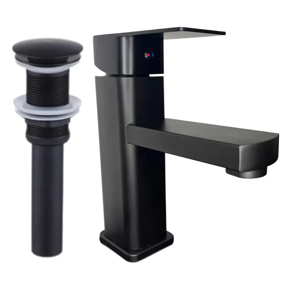 Combo de grifo monomando bajo para lavamanos Griven en acero inoxidable negro + Desagüe push