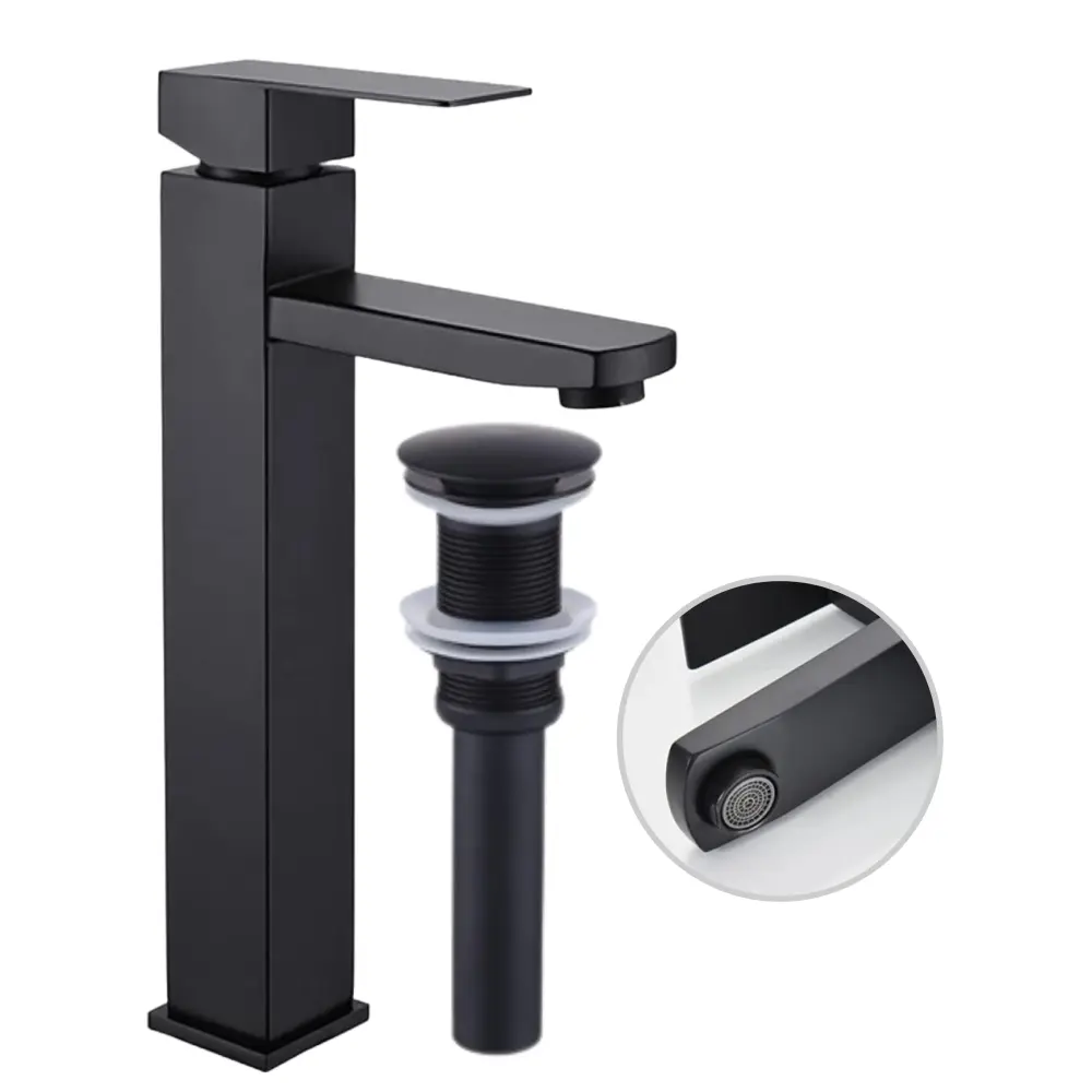 Combo de grifo monomando grande para lavamanos Percival en acero inoxidable negro + Desagüe push