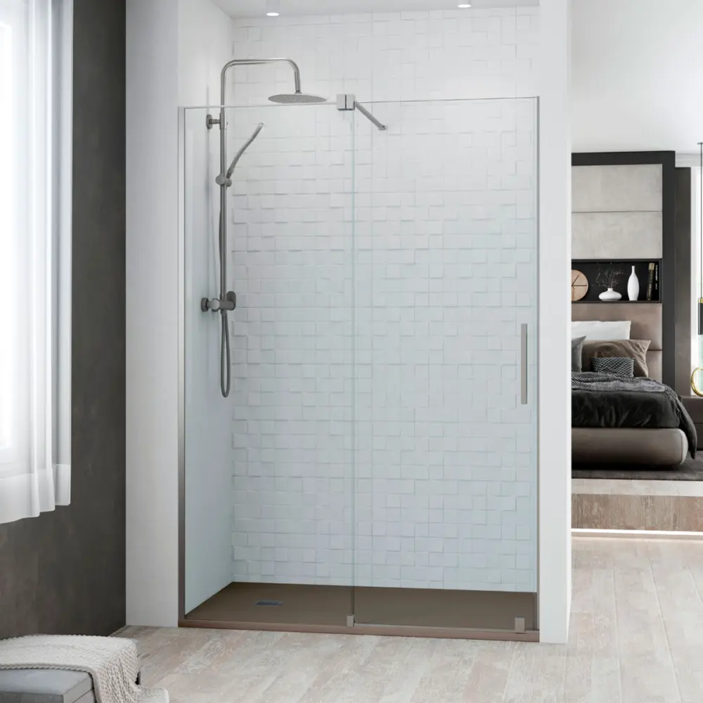 Mampara ducha 1 puerta 1 fijo | vidrio de 8mm | titanio 180cm