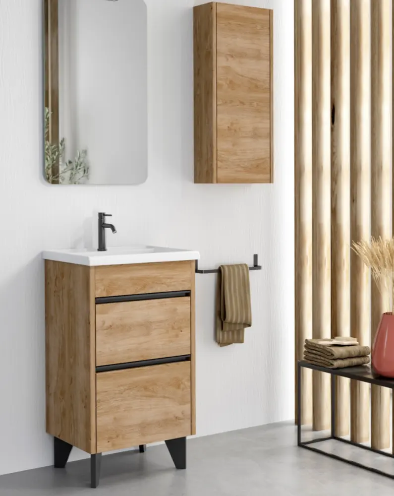 Mueble baño con patas con lavabo cerámico | roble sin procesar negro 50cm