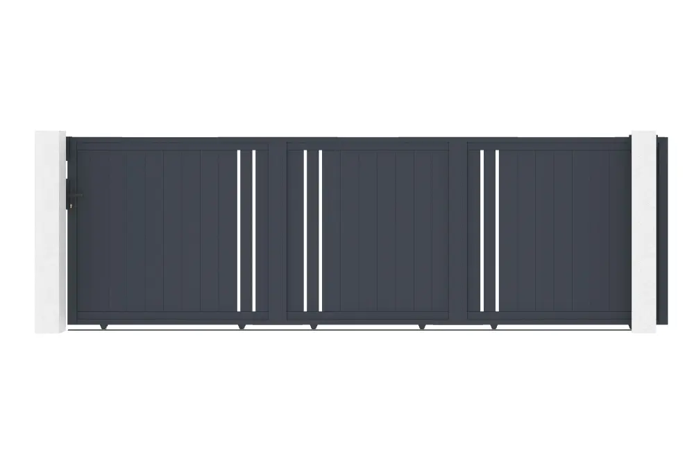 Puerta corredera 5m giona al.160cm alu gris + puerta cimone 1m al.160cm