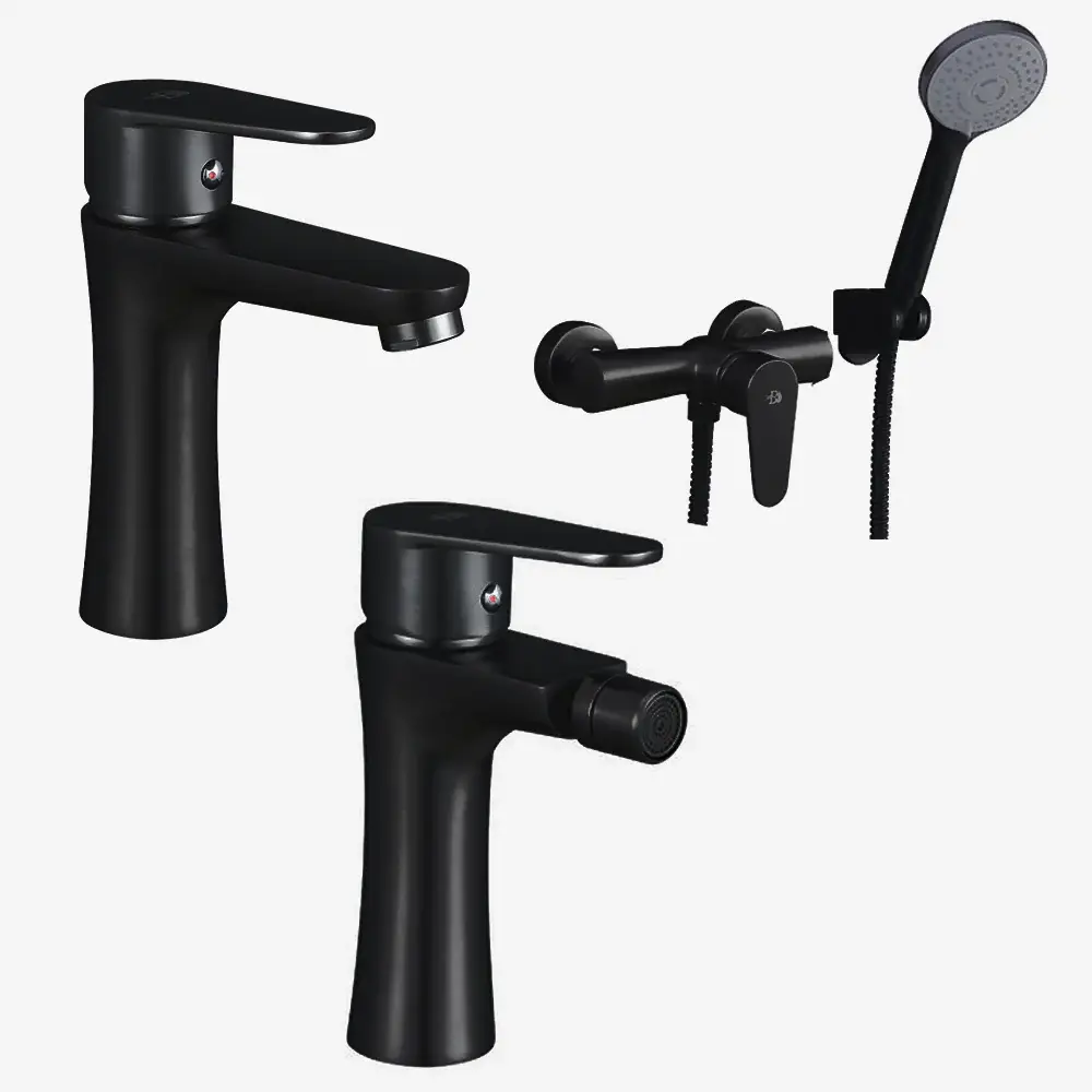 Juego de mezcladores para lavabo y bidé con desagüe y ducha exterior con ducha de mano serie Elizabeth Negro mate