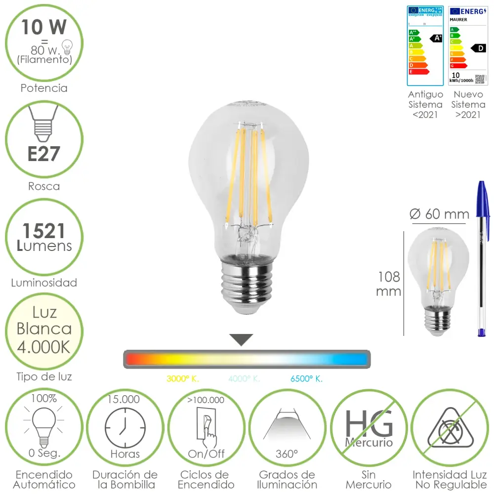Foco HID Industrial Bombilla Led Filamento Standar Rosca E27. 10 Watt. Equivale 80 Watt. 1521 Lumenes. Luz Neutra 4000º K.
