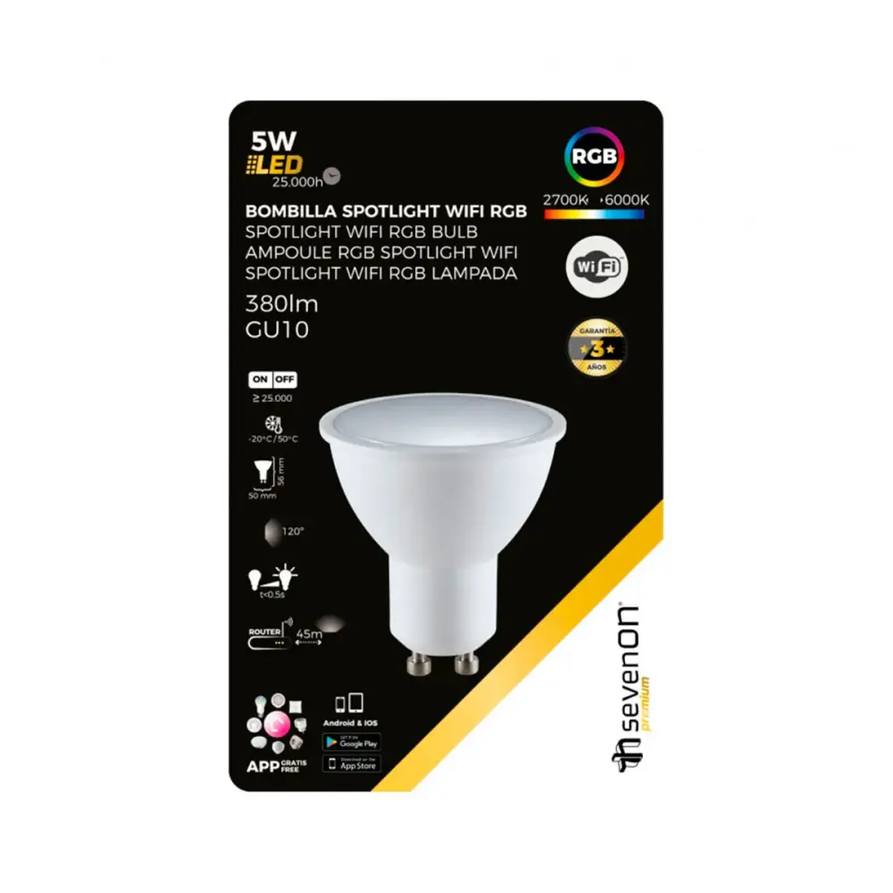 Bombilla LED 7hSevenOn spotlight 5W GU10 RGB con wifi regulable via APP 380lm blanco Ø5x5,6cm