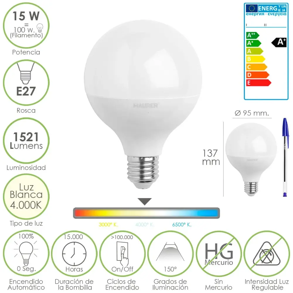 Ahorro Energético Certificado Bombilla Led Globo Rosca E27 (Gorda) 15 W. 100 W. 1521 Lúmenes. Luz Blanca (4000 º K.)