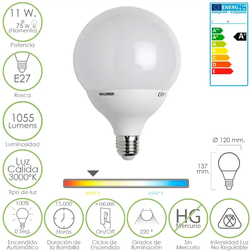 Ahorro Energético Certificado Bombilla Led Globo E27. 11 W. 75 w. 1055 lúmenes. Luz Calida (3000ºK)