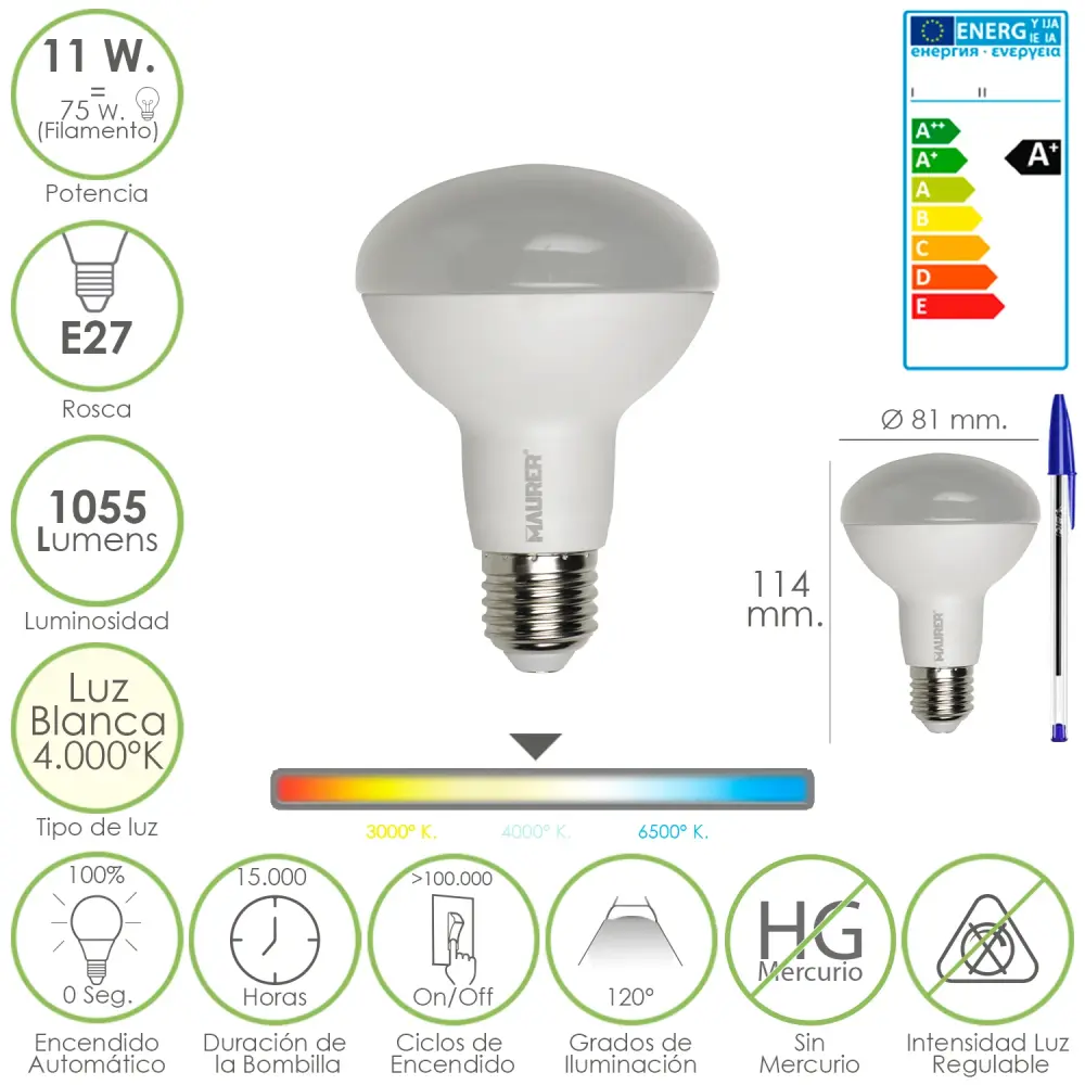 Ahorro Energético Certificado Bombilla Led Standar Rosca E27 (Gorda) 11 Watt. Equivale 75 Watt. 1055 Lumenes. Luz Blanca ...
