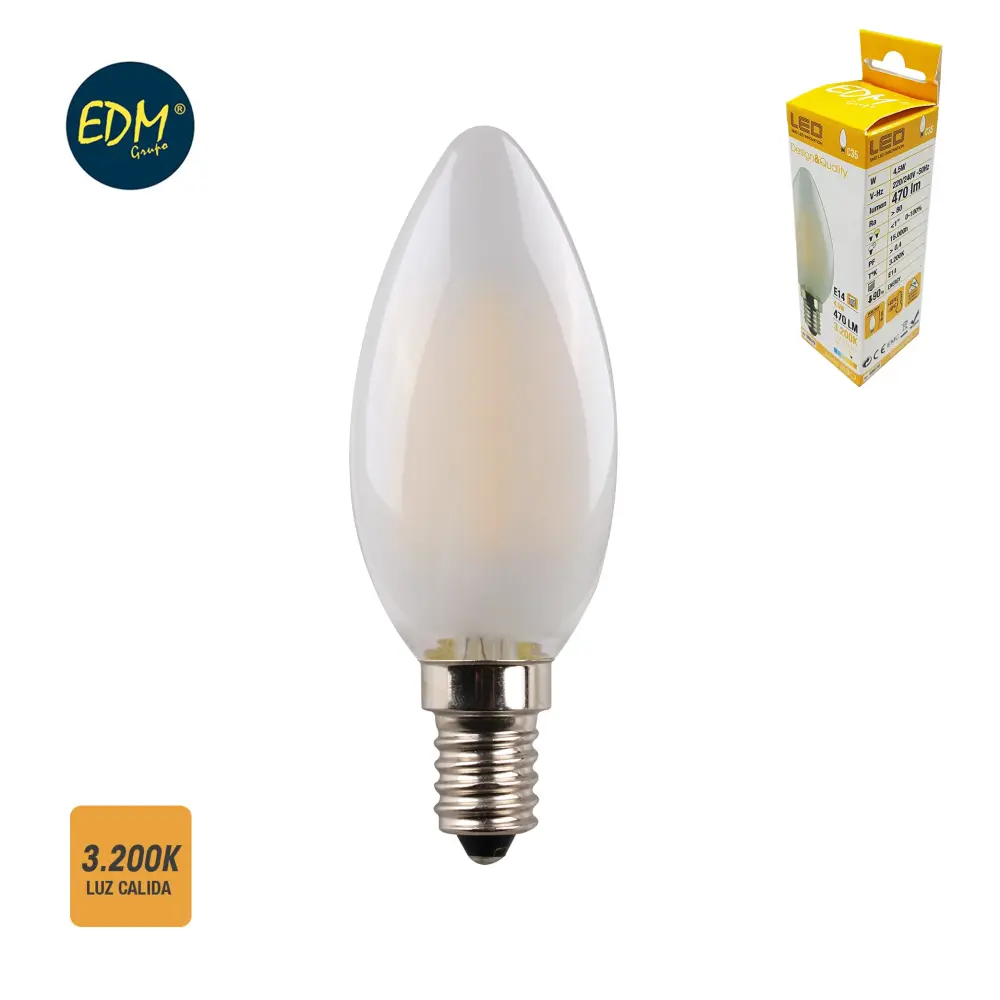 BOMBILLA VELA FILAMENTO LED CRISTAL MATE E14 4,5W 470 LM 3200K LUZ CALIDA EDM | 9W | Equivalente 75W