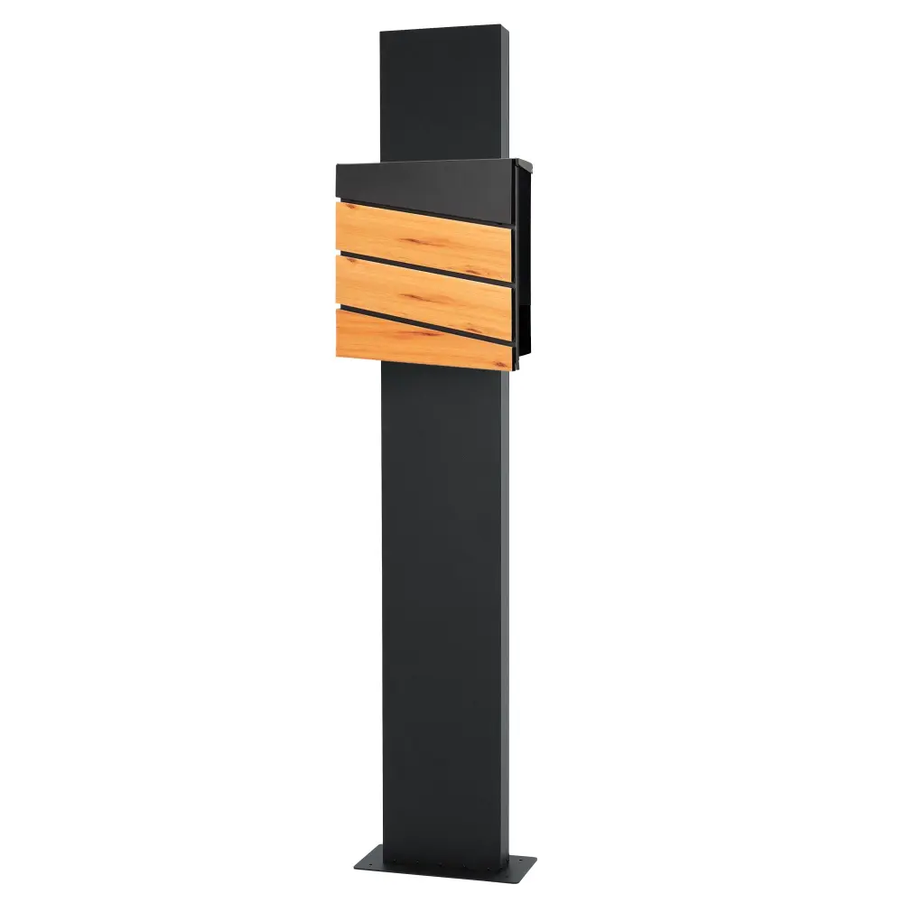 Buzón para cartas y periódicos 37x37 de acero antracita / madera + soporte para Instalación en Poste
