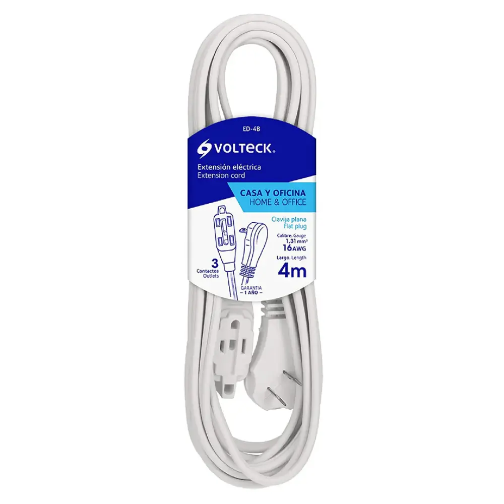 Adaptador de Viaje Extension electrica domestica 4 m blanca con clavija plana VOLTECK ED-4B