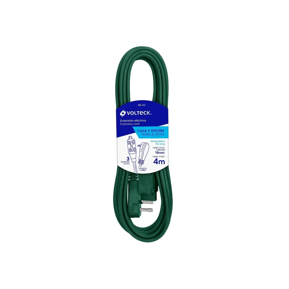 Cable de Alimentación Extensión eléctrica doméstica, 4 m, verde, Volteck