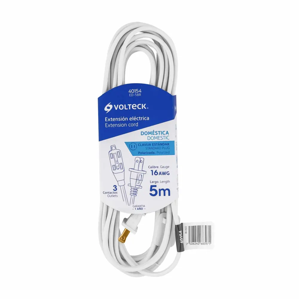 Cable de Cobre OFC Extensión eléctrica doméstica 5 m clavija recta, blanca VOLTECK ED-5BR