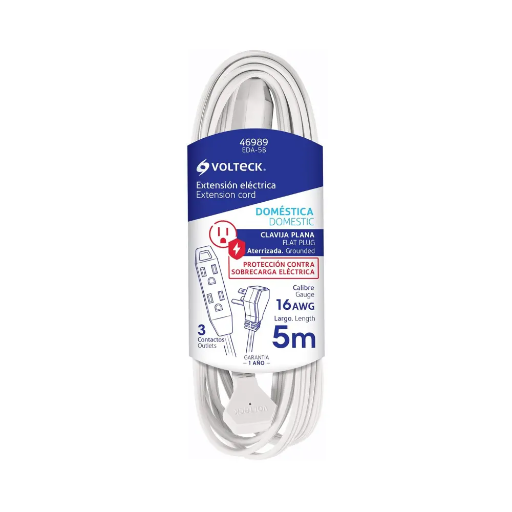 Cable Multipar Extension domestica aterrizada 5 m blanca con clavija plana VOLTECK EDA-5B