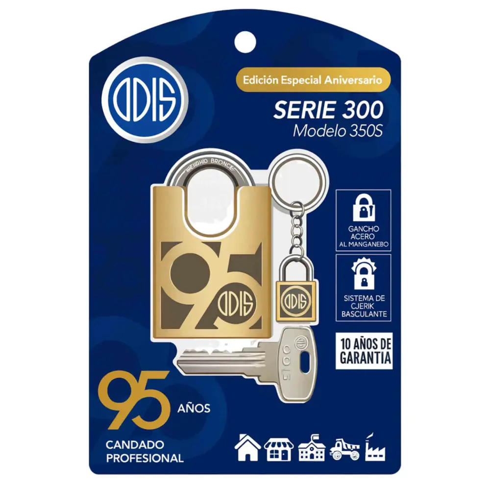 Candado Odis Colección 95 ños Serie 300 350S 50 mm con Hombros + Llavero de Latón Sólido