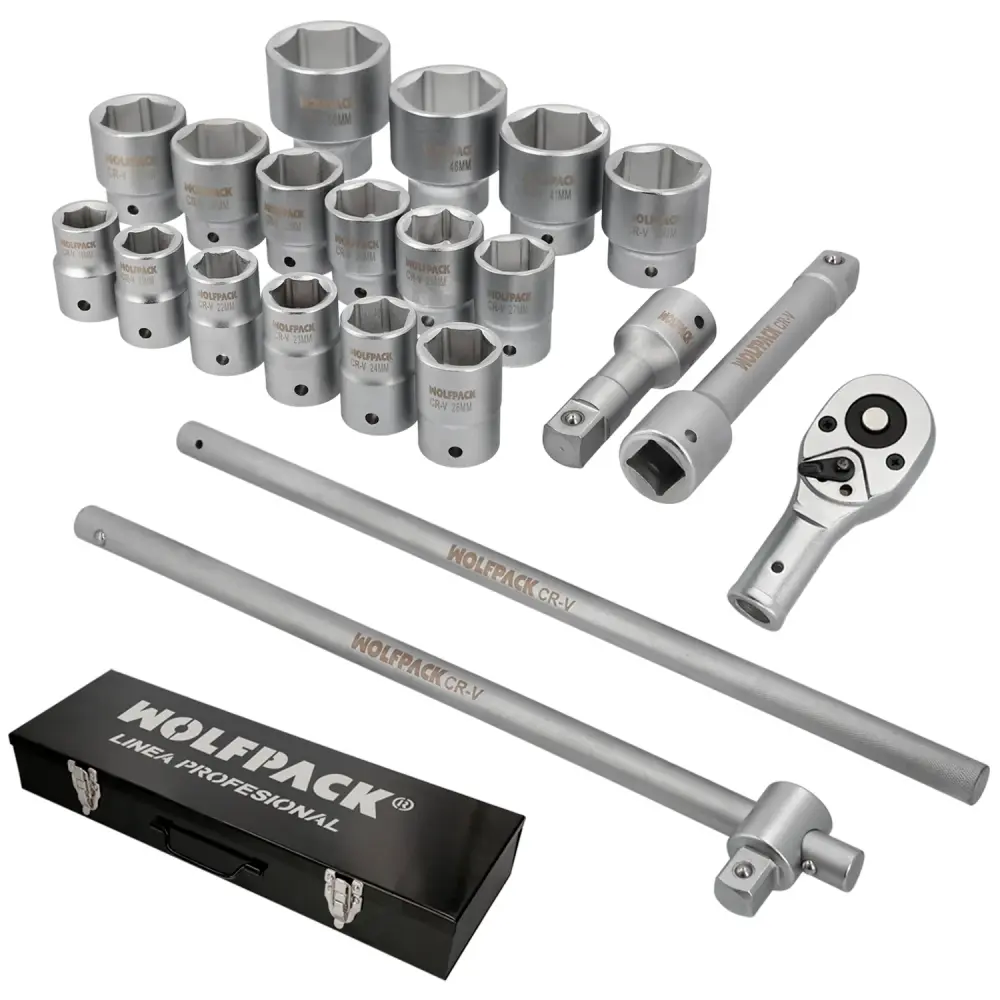 Juego Llaves De Vaso de Acero Cromo Vanadio con 21 Piezas 3/4" Plus Con Maletin. con Llave de Repuesto