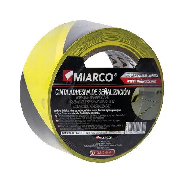 Cinta adhesiva de señalizazión amarilla y negra 50 mm x 30 m miarco
