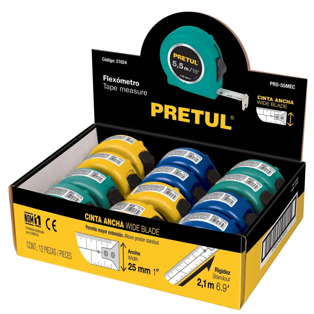 Flexómetro Flexómetros 5.5m, cinta 19 mm, display box,12 pzas,Pretul