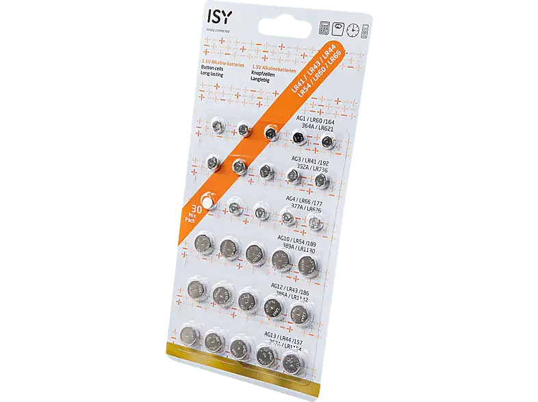 ISY Pack de 30 piles bouton alcalines 1.5 V (IBA-3030) en Color Gris