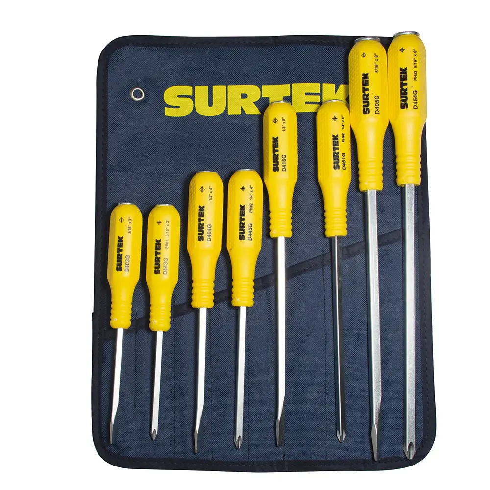 Juego de destornilladores con mango amarillo de golpe combinados, 8 piezas en estuche Surtek