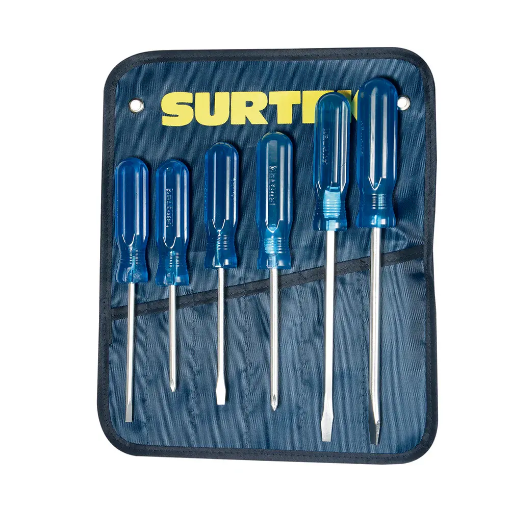Juego de destornilladores con mango azul combinados, 6 piezas en estuche Surtek