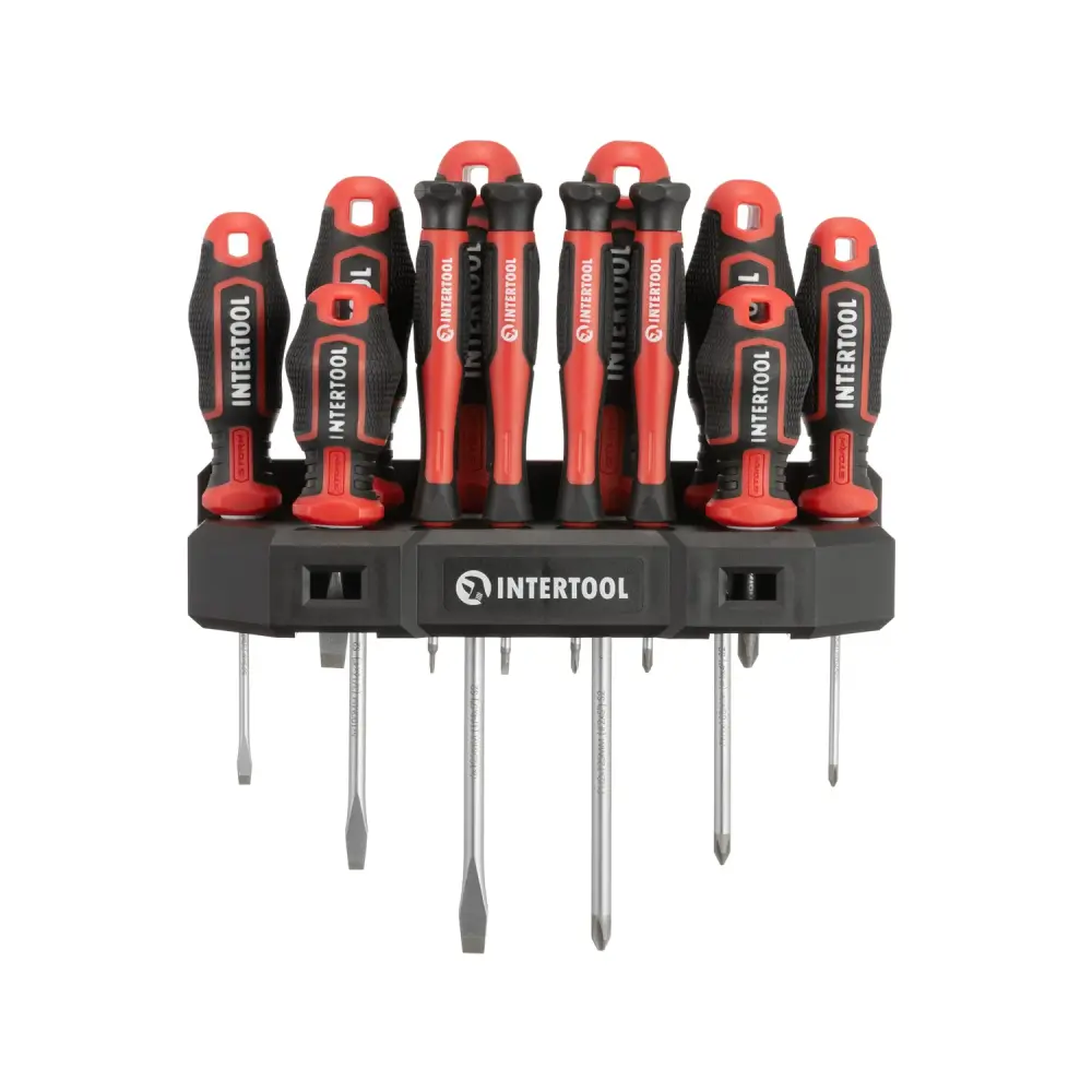 Juego de 12 destornilladores INTERTOOL de precisión, cortos, para montaje en pared | VT08-3442