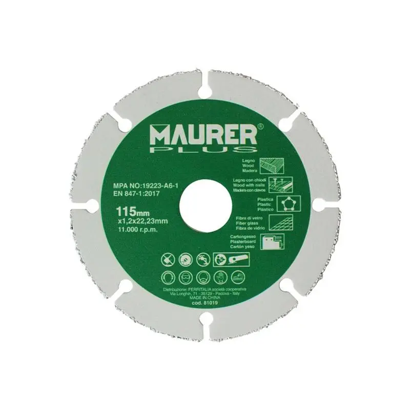 Disco de corte para madera y plasticos ø 115 x 1,2 mm. Maurer
