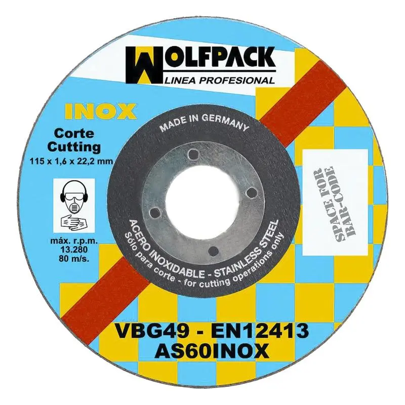 Disco corte abrasivo inoxidable 115x1,6x22,2 mm. Wolfpack Linea Profesional