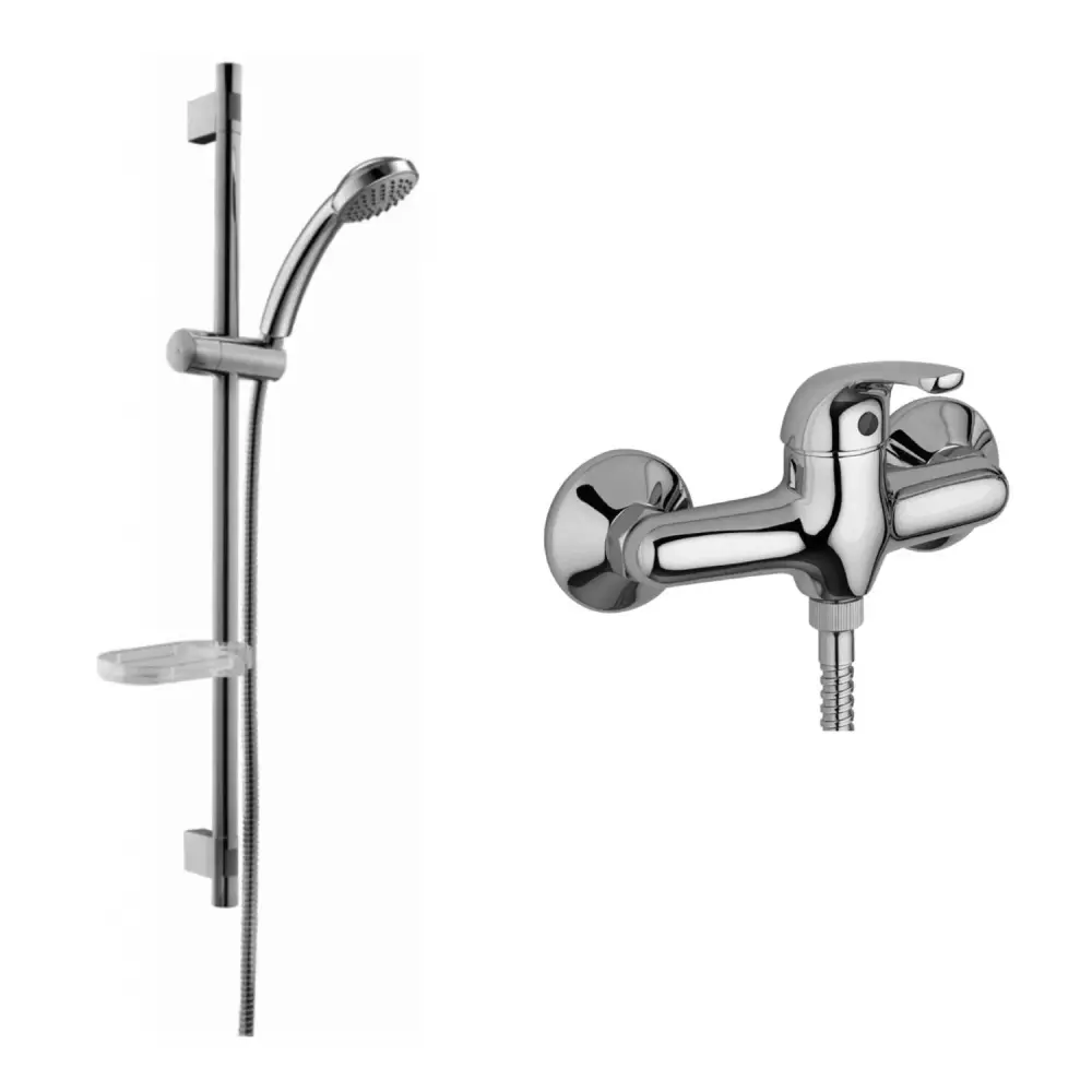 Juego de barra deslizante para ducha con varilla de acero y ducha redonda monogoteo y mezclador de ducha externo Apollo cr...