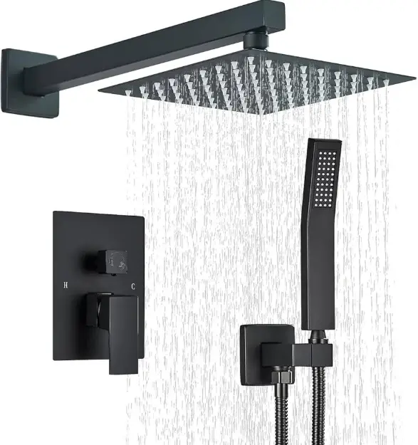 Juego de Toalleros Set de Ducha Cuadrada, Monomando y Ducha de Mano en Acero Inoxidable - Acabado Negro Mate