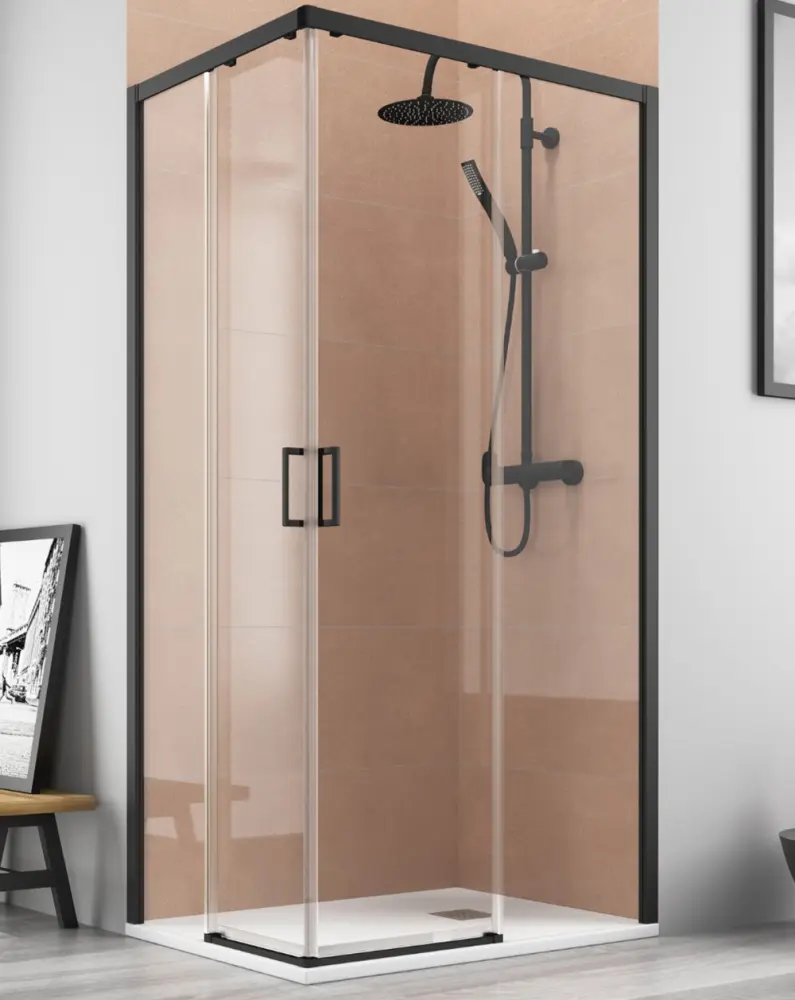 Mampara ducha rectangular angular| frente 100 lateral 90cm negro para Pared de Azulejos