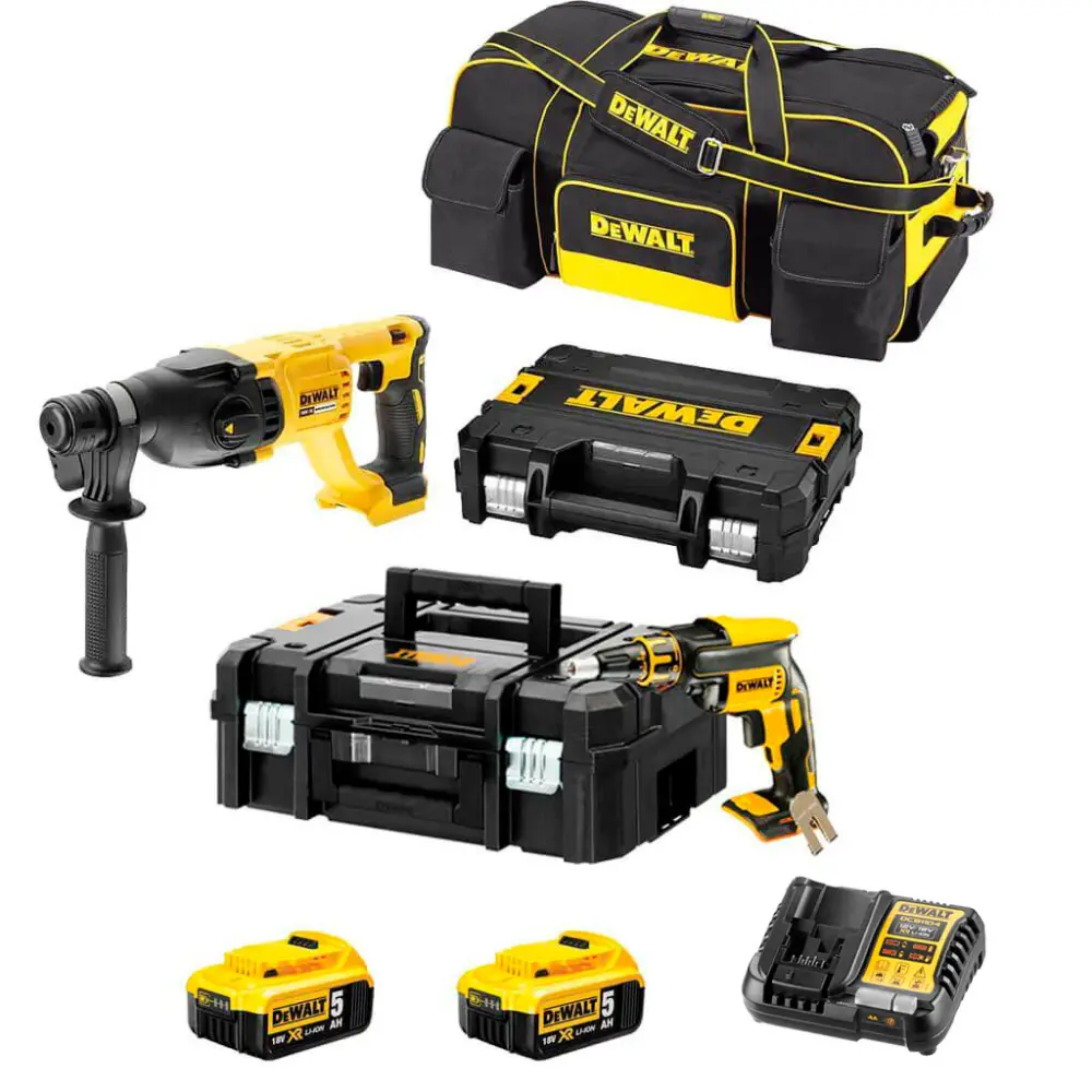 Combo Panel Yeso: Atornillador Pladur DCF620+ Martillo Luminoso DCH133 Dewalt 2 Baterías 5Ah 18V + Bolsa de transporte co...