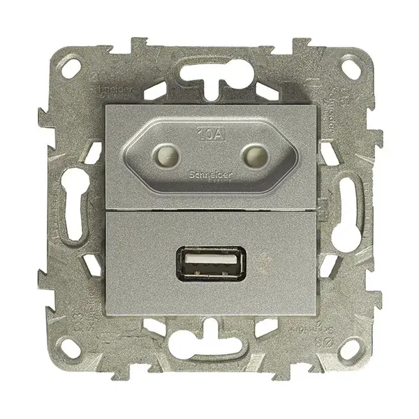 Base 2p y 1 toma cargador usb+bastidor aluminio schneider