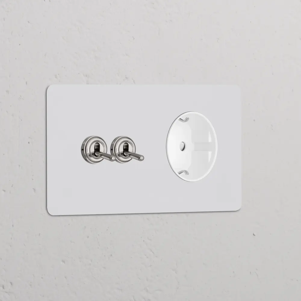 Conector Macho-Hembra Kew Enchufe con palanca x2 y Schuko tipo F (marco doble) - Níquel pulido y pintable | Blanco