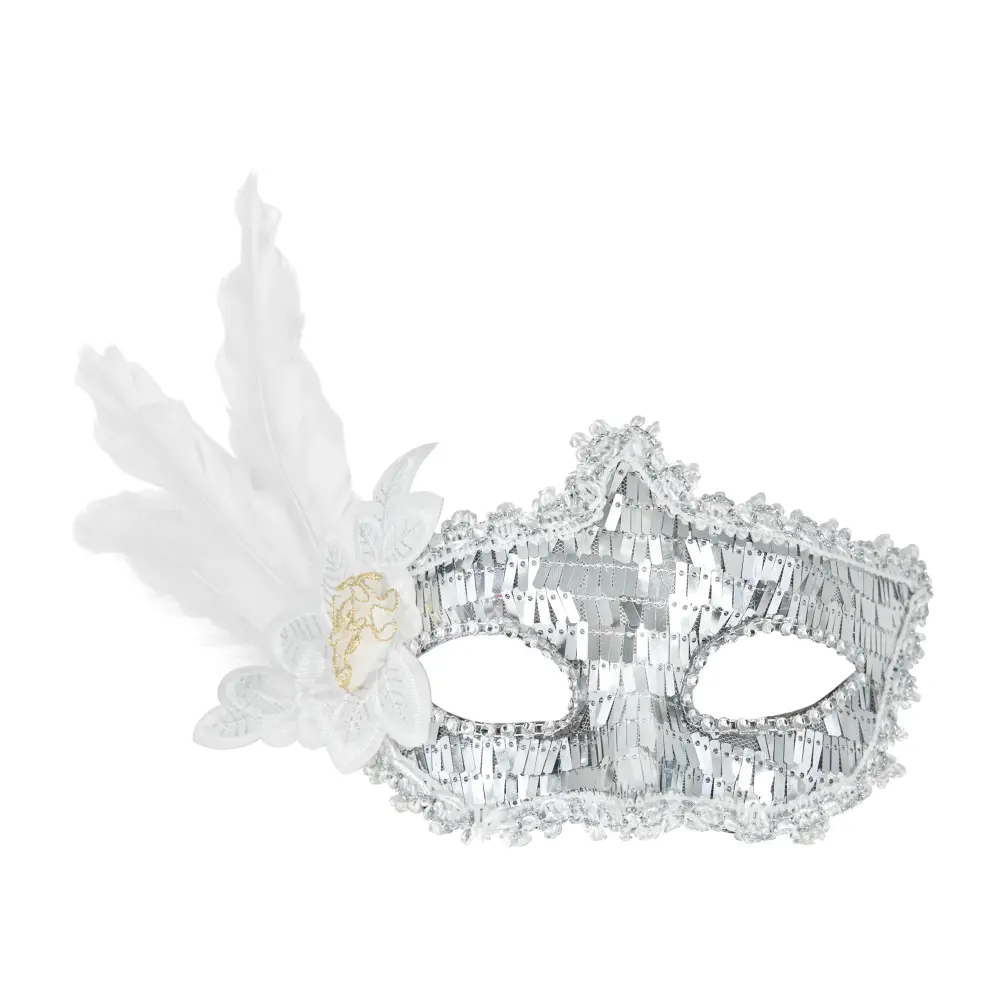 Máscara de carnaval con plumas, plata, 24x10cm
