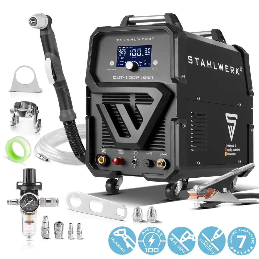 Cortadora de plasma con display STAHLWERK CUT 100 P con 100 amperios, encendido piloto, potencia de corte de hasta 44 mm, ...