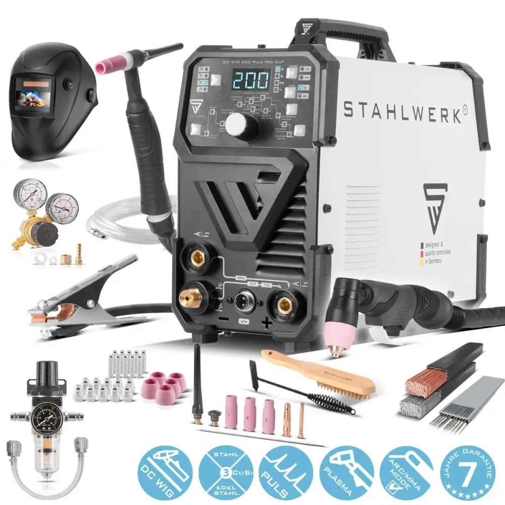 Stahlwerk 4-en-1 Dispositivo de soldadura combustible DC 200 Puls Pro Cut Full Equipment, Con pantalla 200 IGBT Inverter c...