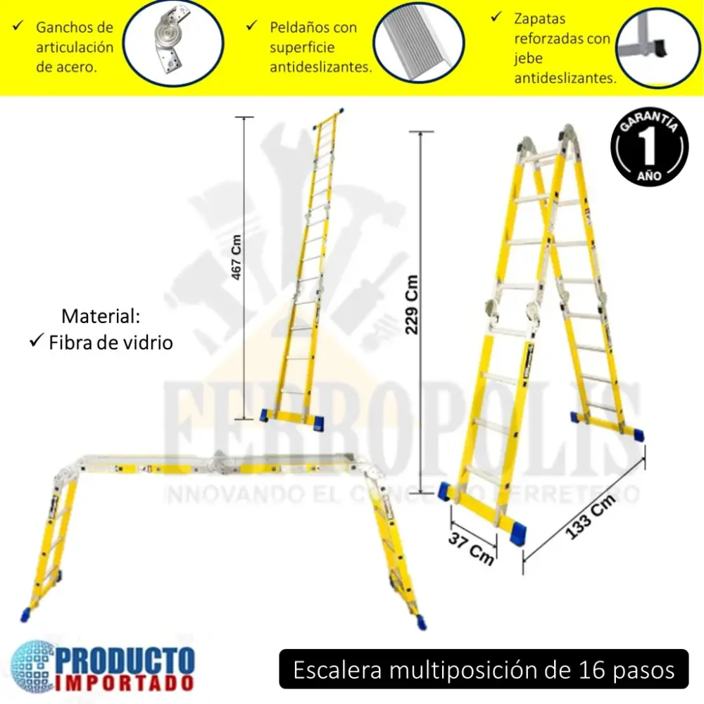 ESCALERA MULTIUSO MULTIPÓSICION 150 Kg 16 Pasos FIBRA VIDRIO con Luz de Emergencia