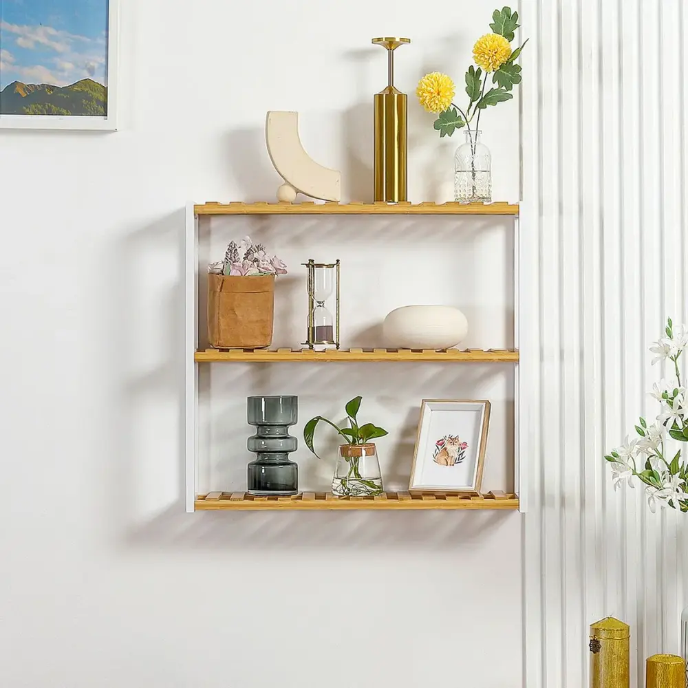 Estanterí de pared Mihna Homcom 3 estantes blanco/natural 54x60x15 cm Sistema Modular Expandible