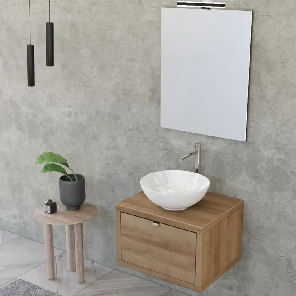 Composizione bagno sospesa Nyumba 1 cassetto con lavabo, specchio con lampada LED 60x40 cm legno rovere