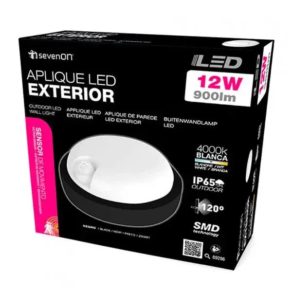 Lámpara para Porche Aplique LED de techo 7hSevenOn exterior sensor de movimiento 12W negro