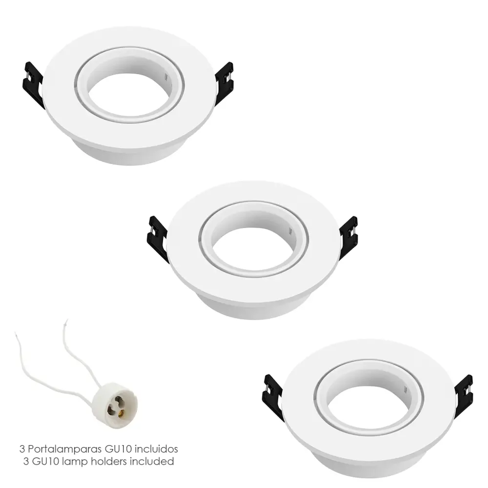 Aplique de Pared Aro Foco Empotrable Regulable Con Portalamparas Para Bombillas GU10 Ø 90 x 25 mm. Bombilla vista. Pack d...