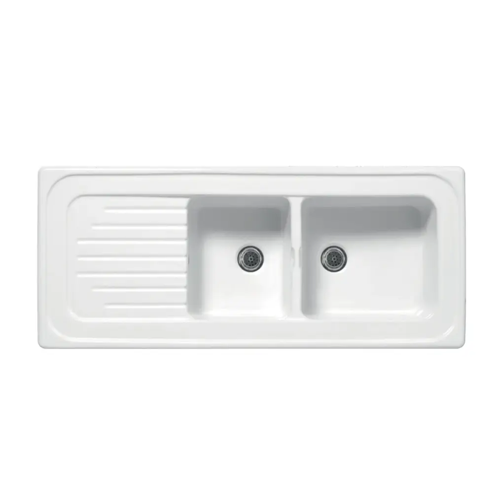 Fregadero empotrado blanco de cerámica con 2 cubetas 116x50 cm