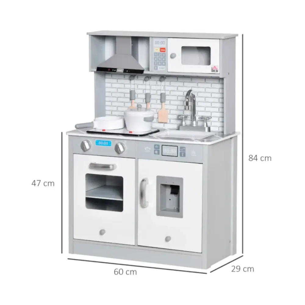 Cocina infantil Homcom con luces sonidos y accesorios +3A gris definido 84x60x29 cm