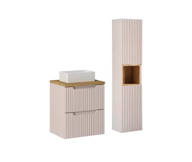 Conjunto de muebles con lavabo individual 50cm 2 cajones y columna Riva Cachemira y Madera