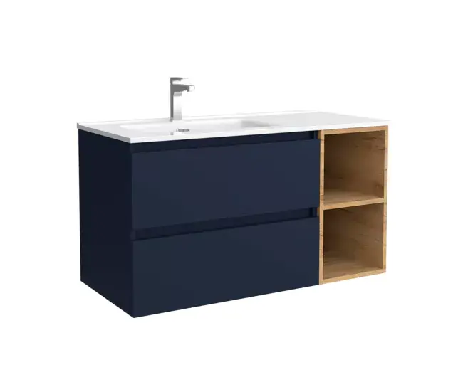 Mueble de Baño Bequia 90cm + coqueta 2 huecos Derecha + lavabo cerámica | Azul mate / Roble |90x45x56
